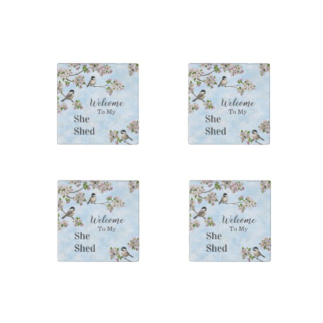 Chickadees & Apple Blossoms She Shed Personalize Stone Magnet (Front)