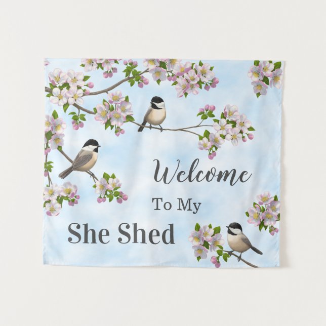 Chickadees & Apple Blossoms She Shed Personalize Tapestry (Front (Horizontal))