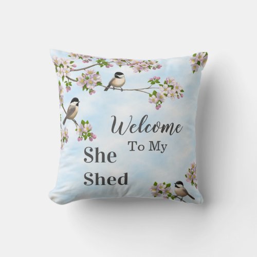 Chickadees  Apple Blossoms She Shed Personalize Throw Pillow