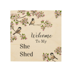 Chickadees & Apple Blossoms She Shed Personalize Wood Wall Art