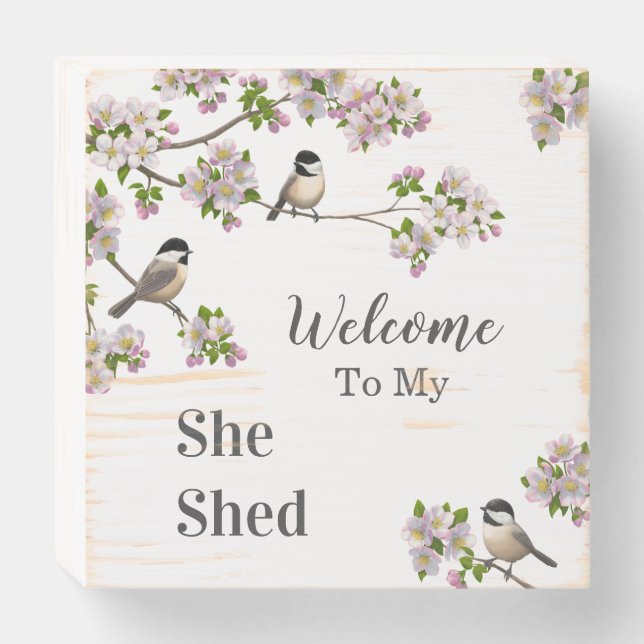 Chickadees & Apple Blossoms She Shed Personalize Wooden Box Sign (Front Horizontal)