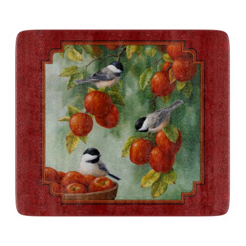 Chickadees Apple Harvest Red Cutting Board