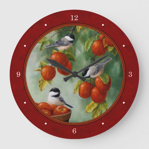 Chickadees Apple Harvest Red Large Clock