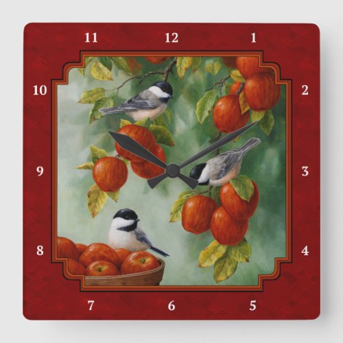 Chickadees Apple Harvest Red Square Wall Clock