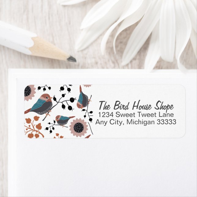 Chickadees Berries And Flowers Pattern Stationery Label (Insitu)