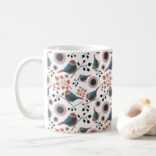 Chickadees Berries Flowers Pink Blue Rust Coffee Mug