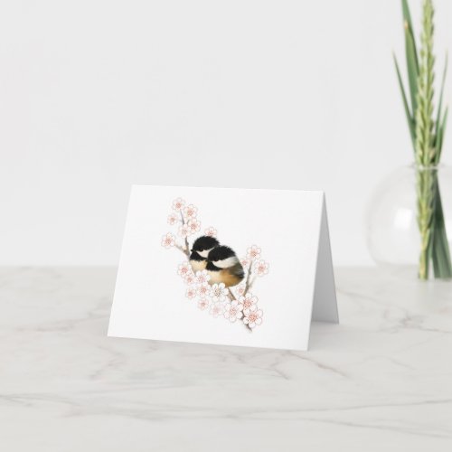 Chickadees Cherry Blossom Blank Greeting Card