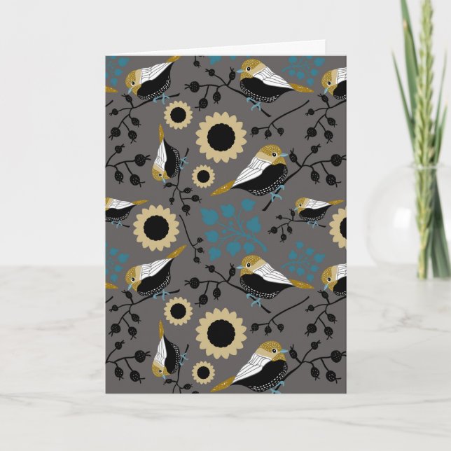 Chickadees Flowers Berries Gray Black Teal Gold Card (Front)