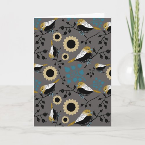 Chickadees Flowers Berries Gray Black Teal Gold Card