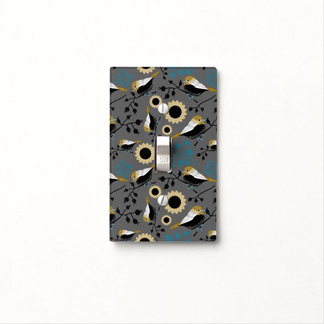 Chickadees Flowers Berries Teal Gold Black Light Switch Cover (In Situ)