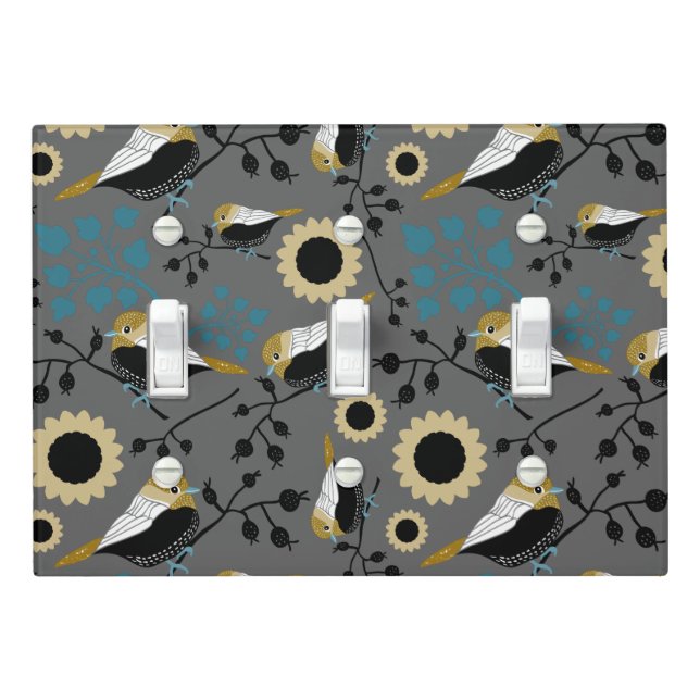 Chickadees Flowers Berries Teal Gold Black Light Switch Cover (In Situ)