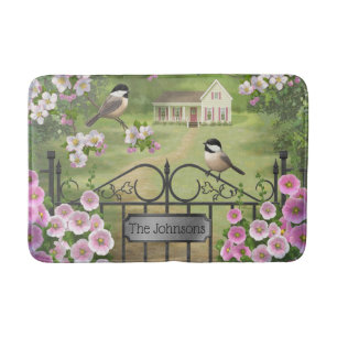 Chickadees Flowers Victorian Farmhouse Bath Mat