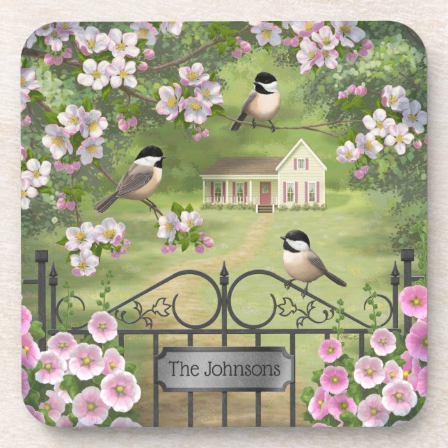Chickadees Flowers Victorian Farmhouse Beverage Coaster (Front)