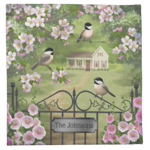Chickadees Flowers Victorian Farmhouse Cloth Napkin
