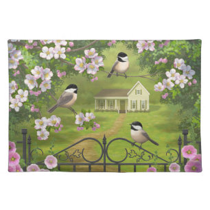 Chickadees Flowers Victorian Farmhouse Cloth Placemat