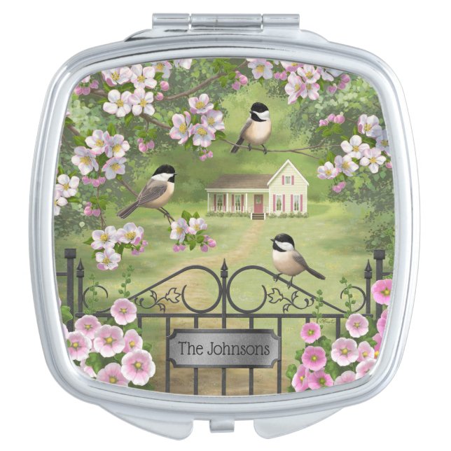 Chickadees Flowers Victorian Farmhouse Compact Mirror (Front)