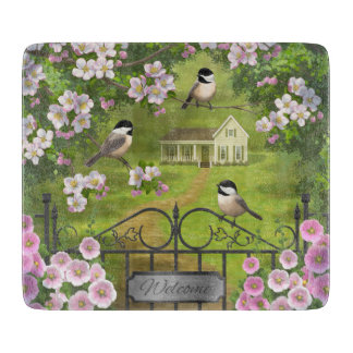 Chickadees Flowers Victorian Farmhouse Cutting Board