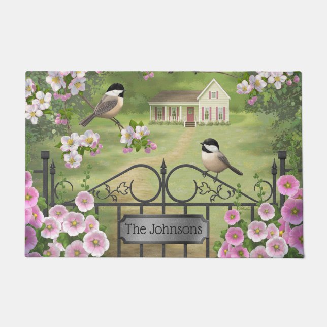 Chickadees Flowers Victorian Farmhouse Doormat (Front)