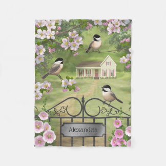 Chickadees Flowers Victorian Farmhouse Fleece Blanket