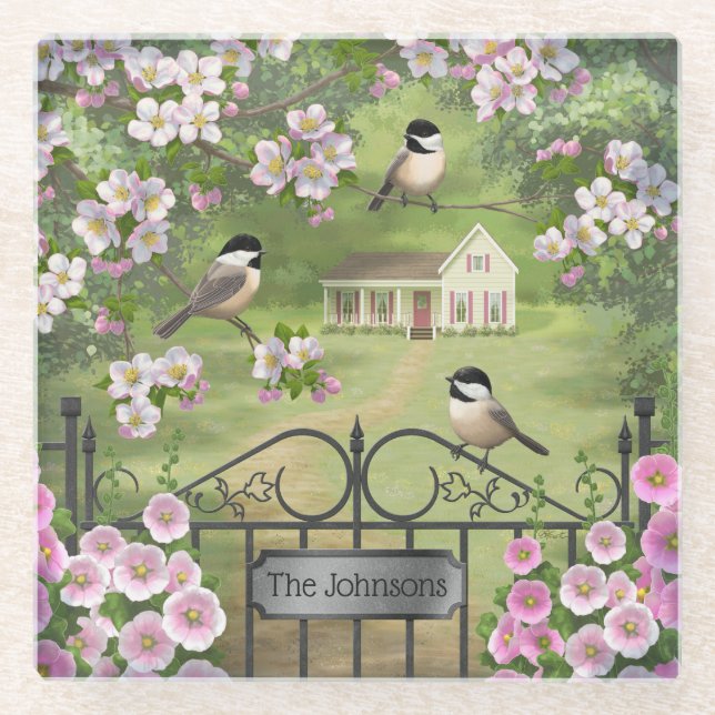 Chickadees Flowers Victorian Farmhouse Glass Coaster (Front)