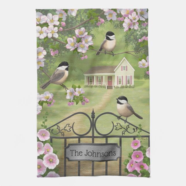 Chickadees Flowers Victorian Farmhouse Kitchen Towel (Vertical)