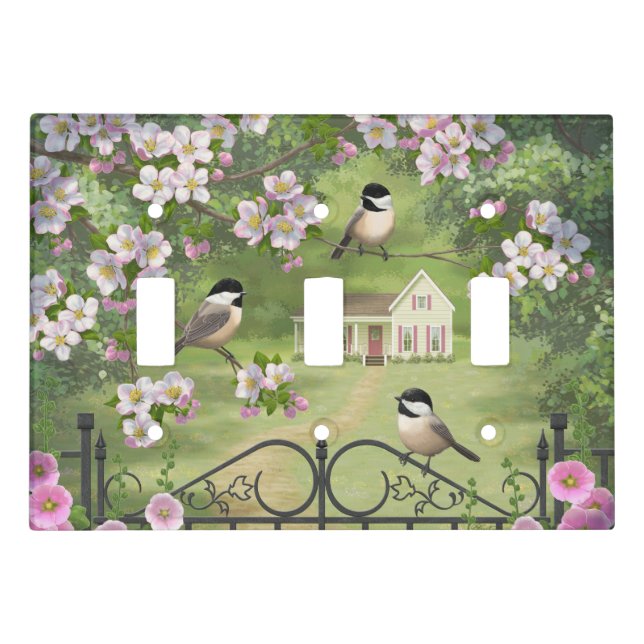 Chickadees Flowers Victorian Farmhouse Light Switch Cover (Front)