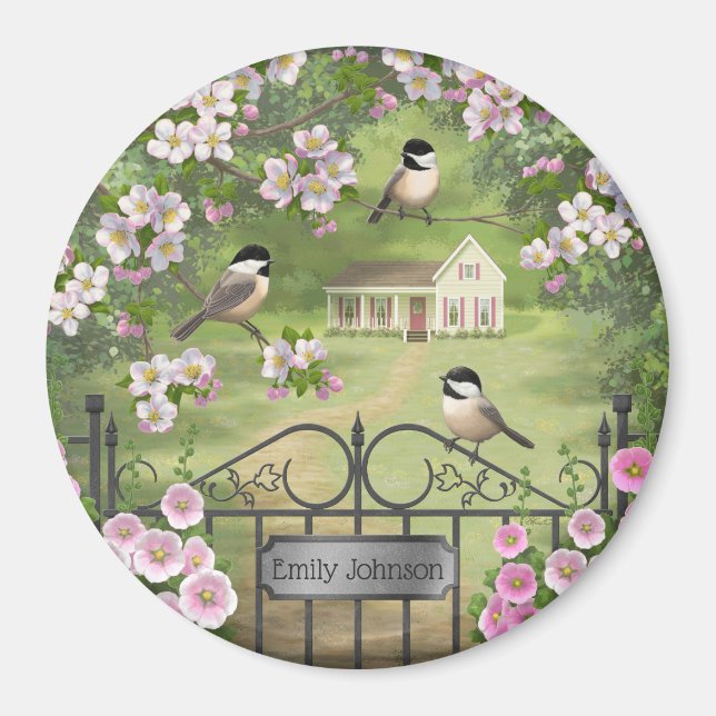 Chickadees Flowers Victorian Farmhouse Magnet (Front)