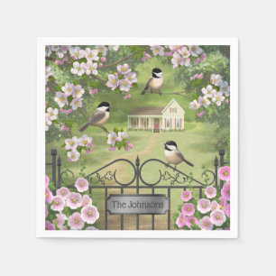 Chickadees Flowers Victorian Farmhouse Napkins