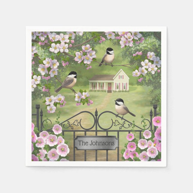 Chickadees Flowers Victorian Farmhouse Napkins (Front)