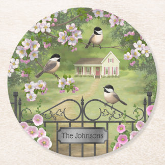 Chickadees Flowers Victorian Farmhouse Round Paper Coaster