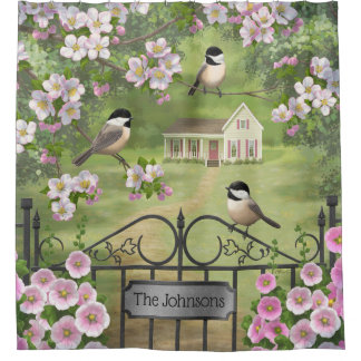 Chickadees Flowers Victorian Farmhouse Shower Curtain