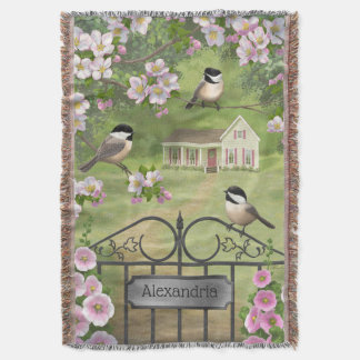 Chickadees Flowers Victorian Farmhouse Throw Blanket