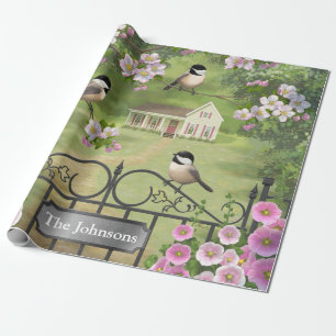 Chickadees Flowers Victorian Farmhouse Wrapping Paper