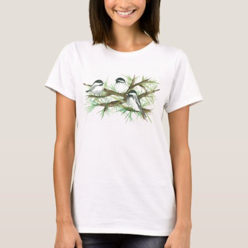 Chickadees in a Tree Watercolor Birds T_Shirt