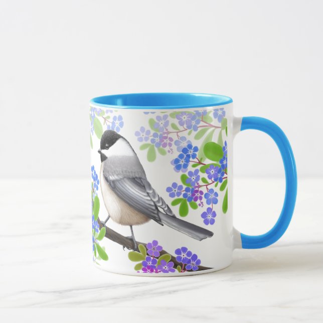 Chickadees in Forget Me Not Flowers Mug (Right)