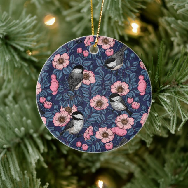 Chickadees in the wild rose ceramic ornament (Tree)