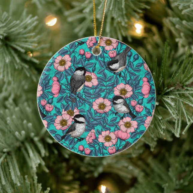 Chickadees in the wild rose ceramic ornament (Tree)