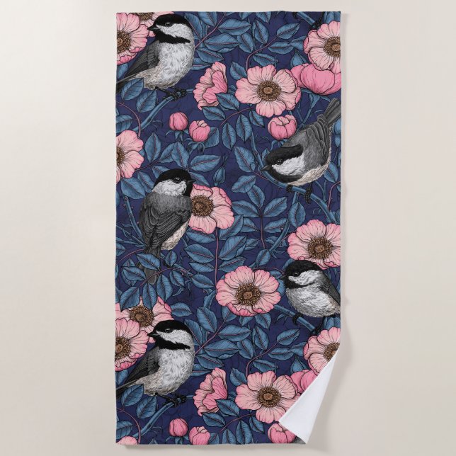 Chickadees in the wild rose in pink and blue beach towel (Front)