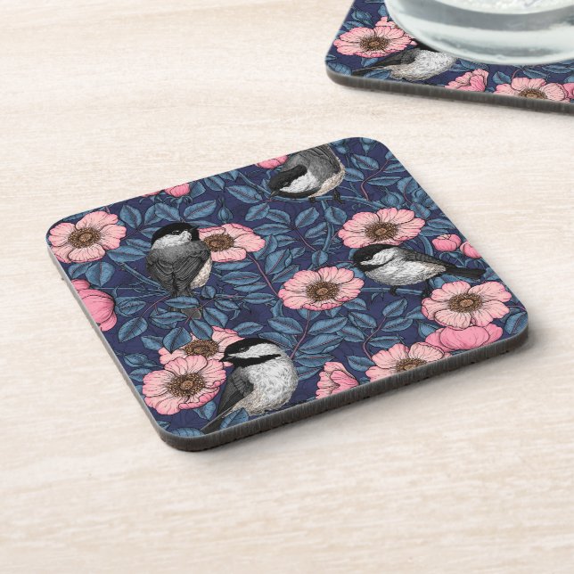 Chickadees in the wild rose in pink and blue beverage coaster (Left Side)