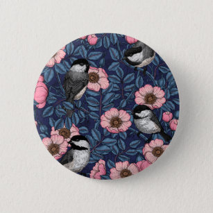 Chickadees in the wild rose in pink and blue button