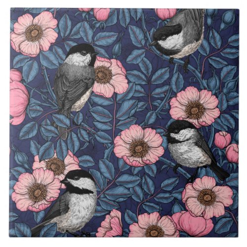 Chickadees in the wild rose in pink and blue ceramic tile