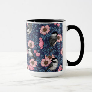 Chickadees in the wild rose in pink and blue mug