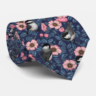 Chickadees in the wild rose in pink and blue neck tie