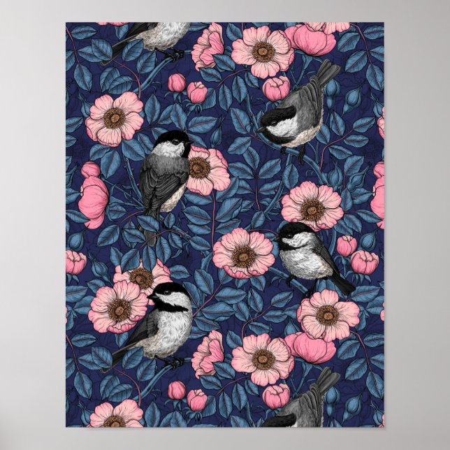 Chickadees in the wild rose in pink and blue poster (Front)