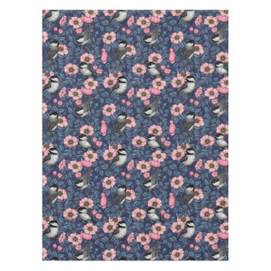 Chickadees in the wild rose in pink and blue tablecloth