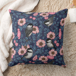 Chickadees in the wild rose in pink and blue throw pillow