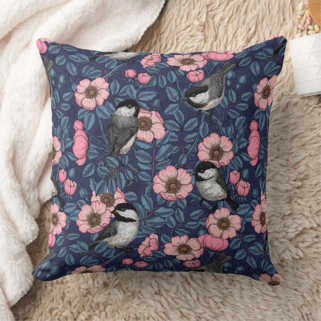 Chickadees in the wild rose in pink and blue throw pillow (Blanket)