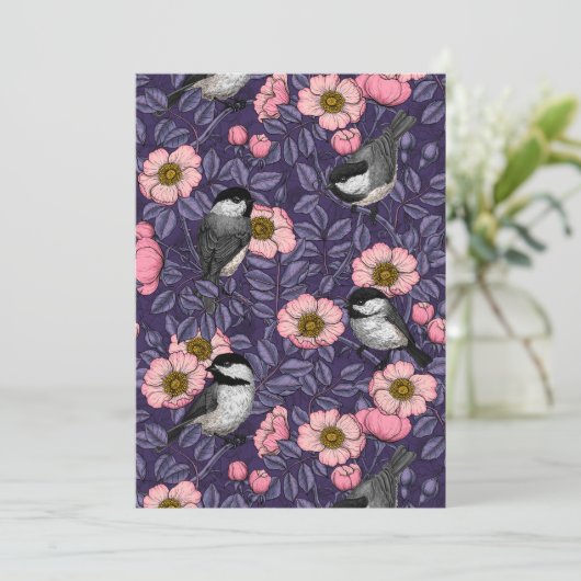 Chickadees in the wild rose in pink and violet (Standing Front)
