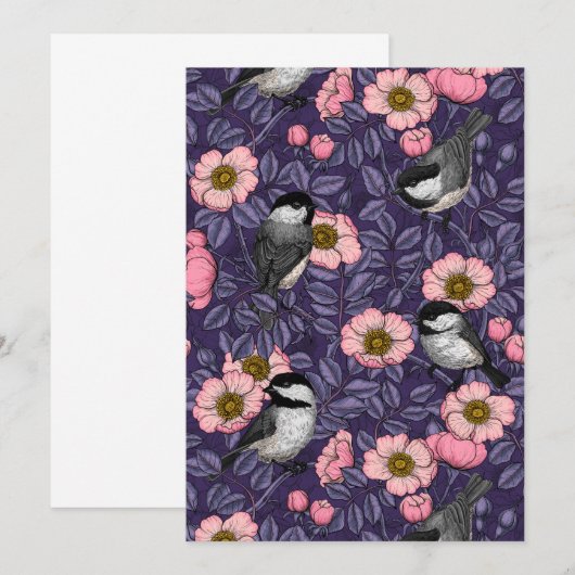 Chickadees in the wild rose in pink and violet (Front/Back)