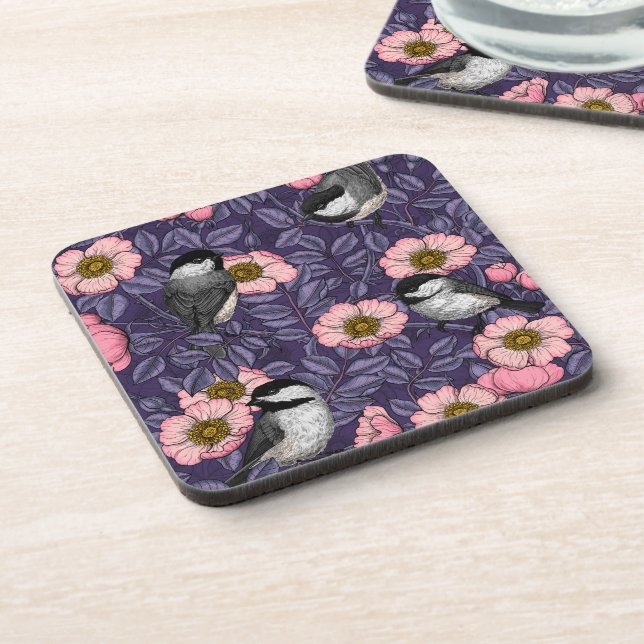 Chickadees in the wild rose in pink and violet beverage coaster (Left Side)